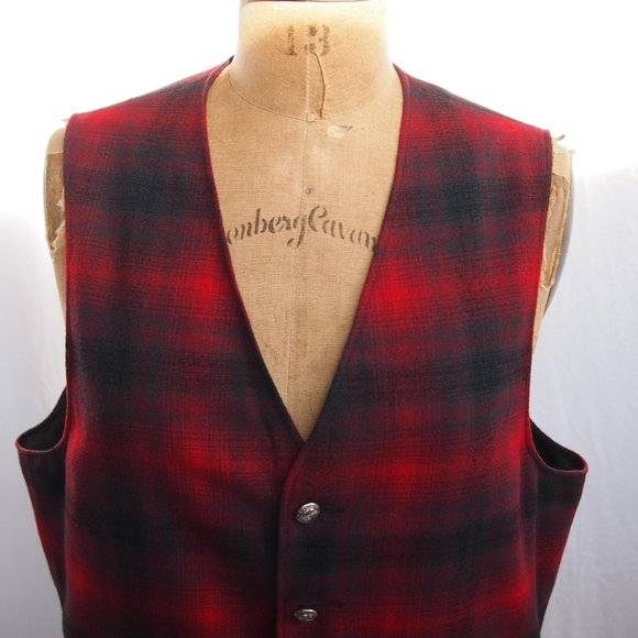 vtg 60s PENDLETON Wool Red Tartan Plaid Vest Waistcoat Cruiser Silver Buttons M - Picture 4 of 9